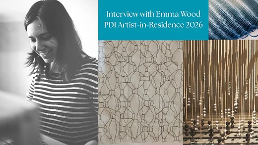 Collage image for an interview with weaver Emma Wood, PDI Artist-in-Residence 2026. On the left, a black-and-white portrait of Emma smiling, looking down at her work. On the right, three close-up photos of her woven textiles: a blue and white striped fabric, a pale woven piece with a cracked, web-like texture, and strands of beads hanging from a loom in warm gold and bronze tones. Text overlay reads "Interview with Emma Wood, PDI Artist-in-Residence 2026."