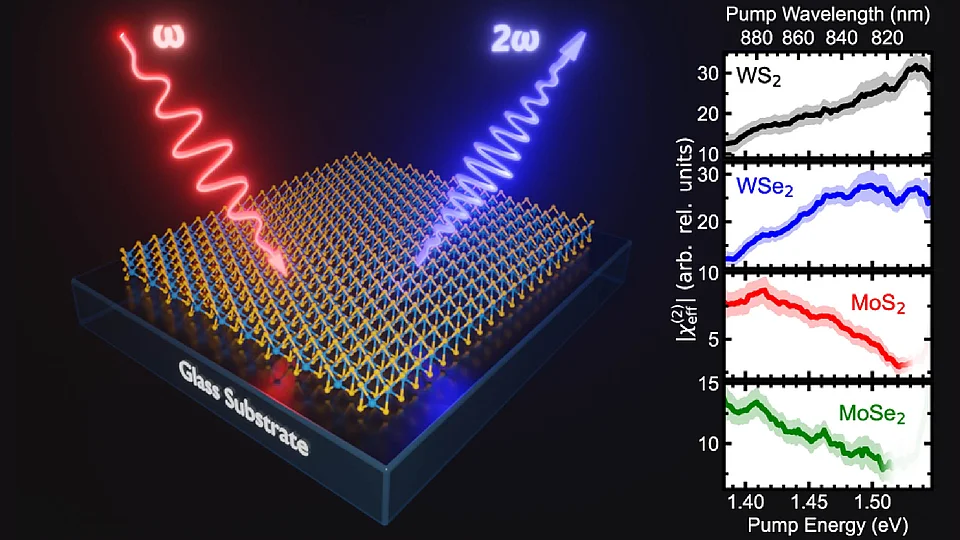 Illustration of incoming light (ω) hitting a monolayer semiconductor on a glass substrate and emerging as light at twice the frequency (2ω). On the right, four plots show the second-order nonlinear response of WS₂, WSe₂, MoS₂ and MoSe₂ as a function of pump energy.