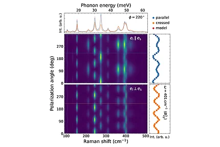 Farbkodierte Diagramme polarisationswinkelaufgelöster Raman-Spektren von LaInO3, die die Intensität in Abhängigkeit der Raman-Verschiebung für parallele und gekreuzte Polarisationskonfigurationen zeigen, mit periodischen Winkelschwankungen der Peakintensität. Seitliche Diagramme zeigen die sinusförmige Intensitätsvariation einer einzelnen Mode bei 401 cm⁻¹ (B2g⁵) in Abhängigkeit vom Polarisationswinkel.